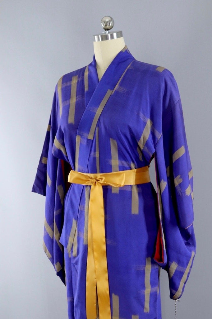 Vintage Blue and Gold Hashtag Silk Kimono Robe - ThisBlueBird