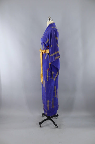 Vintage Blue and Gold Hashtag Silk Kimono Robe - ThisBlueBird