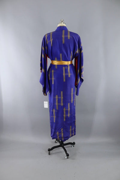 Vintage Blue and Gold Hashtag Silk Kimono Robe - ThisBlueBird