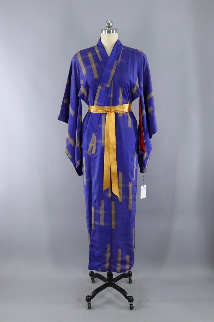 Vintage Blue and Gold Hashtag Silk Kimono Robe - ThisBlueBird