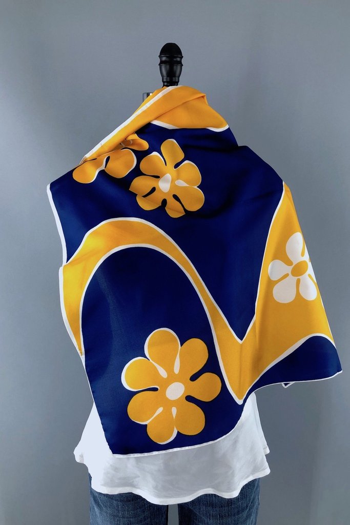 Vintage Blue and Gold Mod Floral Print Scarf by TreVira-ThisBlueBird - Modern Vintage