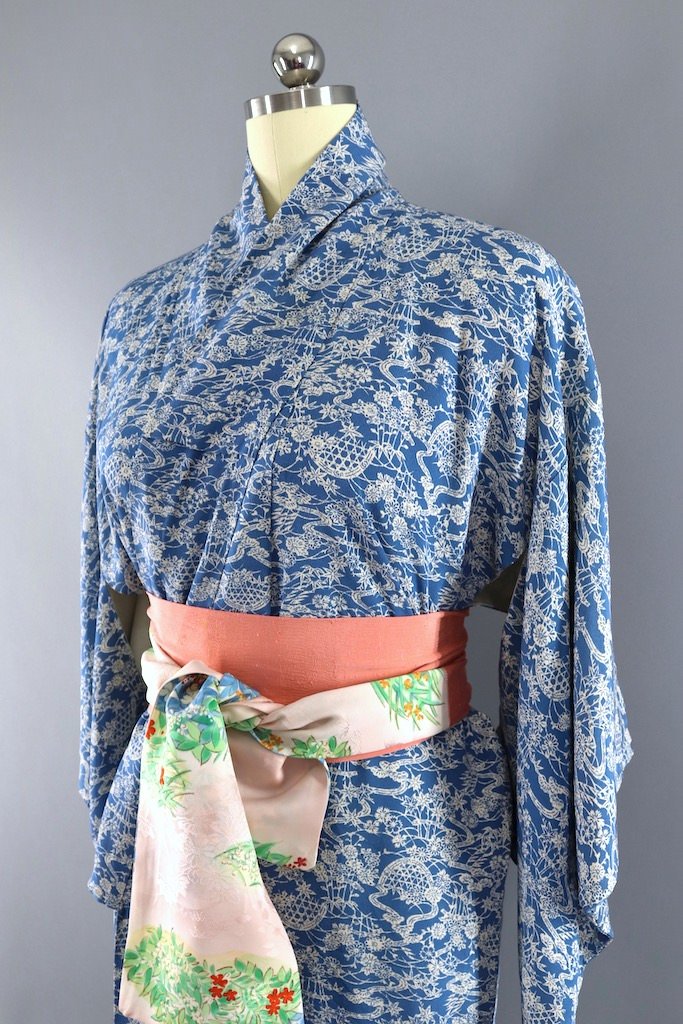 Vintage Blue and Ivory Silk Kimono Robe-ThisBlueBird - Modern Vintage