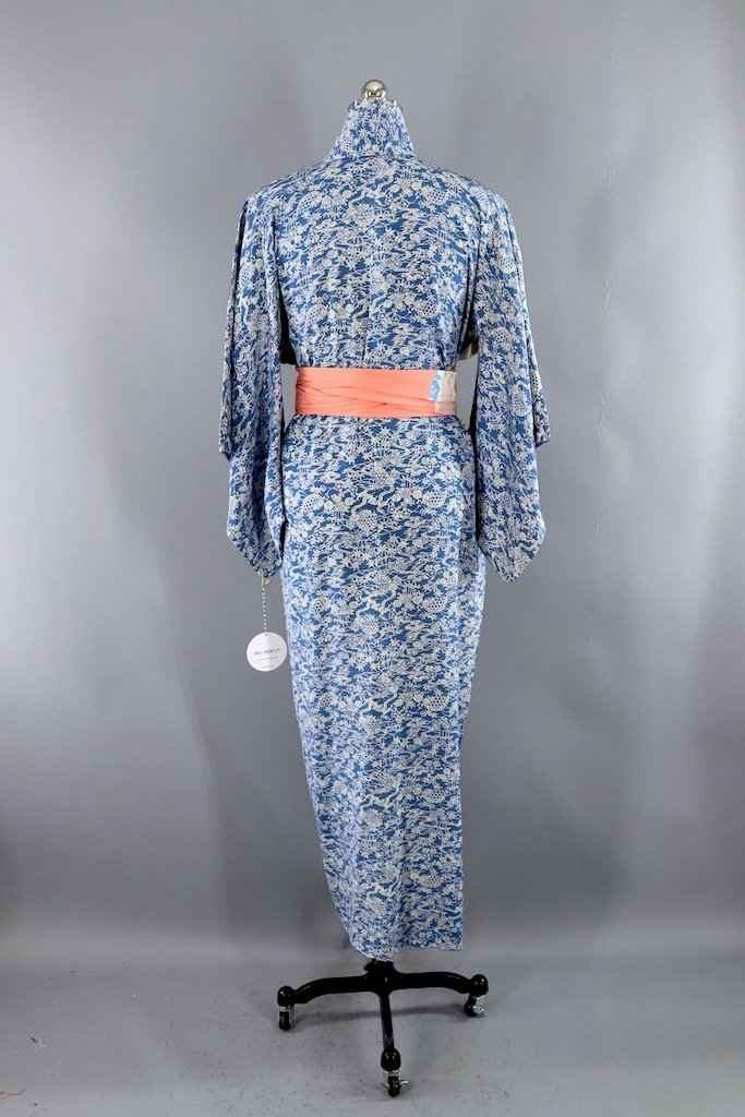 Vintage Blue and Ivory Silk Kimono Robe-ThisBlueBird - Modern Vintage