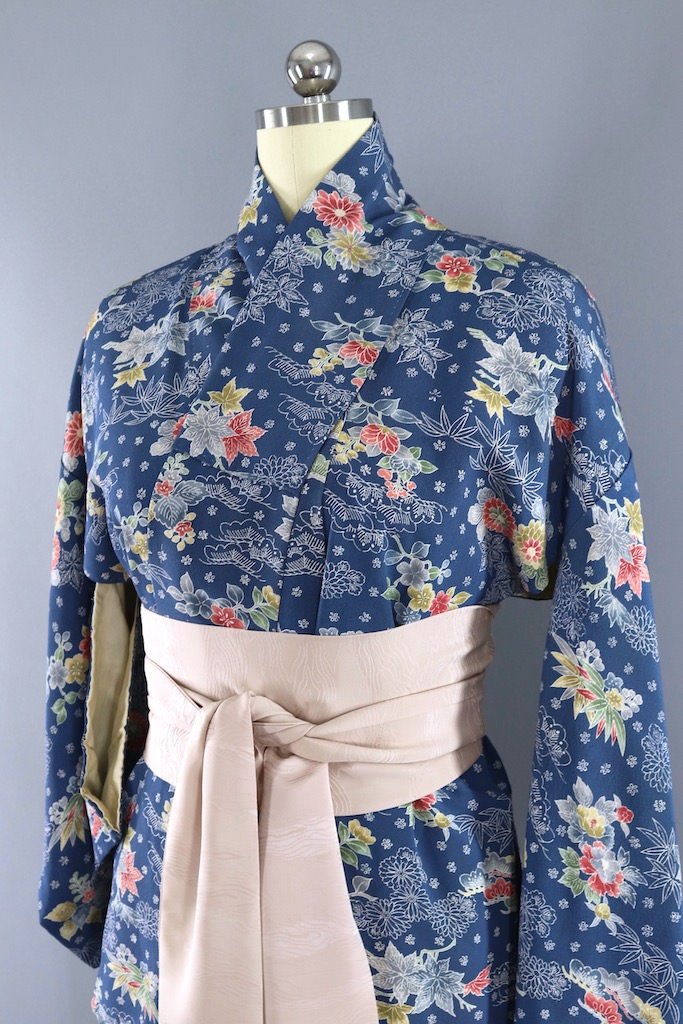 Vintage Blue and Olive Floral Silk Kimono Robe-ThisBlueBird - Modern Vintage