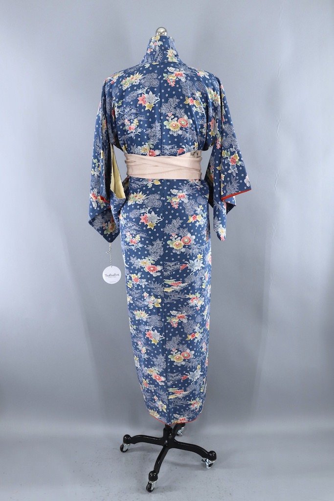 Vintage Blue and Olive Floral Silk Kimono Robe-ThisBlueBird - Modern Vintage