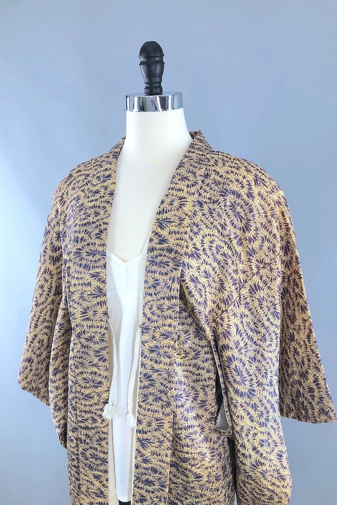 Vintage Blue and Yellow Shibori Silk Kimono Cardigan-ThisBlueBird - Modern Vintage