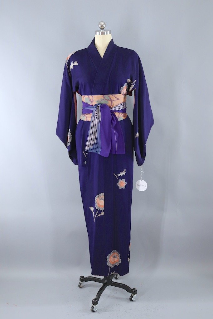 Vintage Blue & Coral Floral Silk Kimono Robe-ThisBlueBird - Modern Vintage
