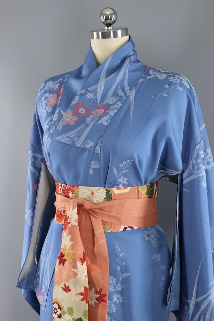 Vintage Blue & Coral Silk Kimono Robe-ThisBlueBird - Modern Vintage