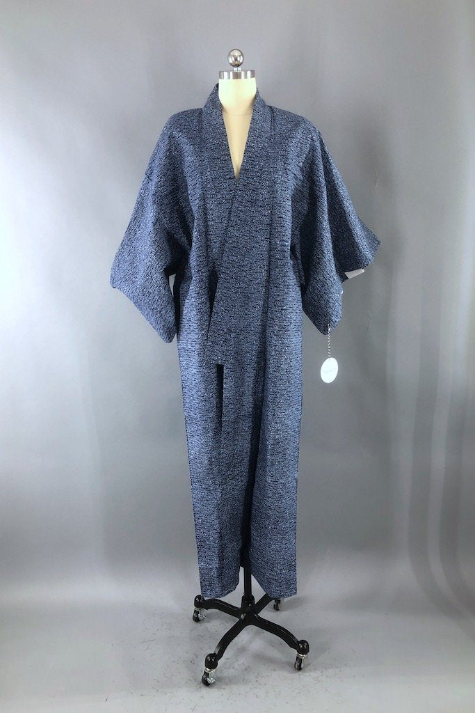 Vintage Blue Cotton Yukata Kimono Robe-ThisBlueBird - Modern Vintage