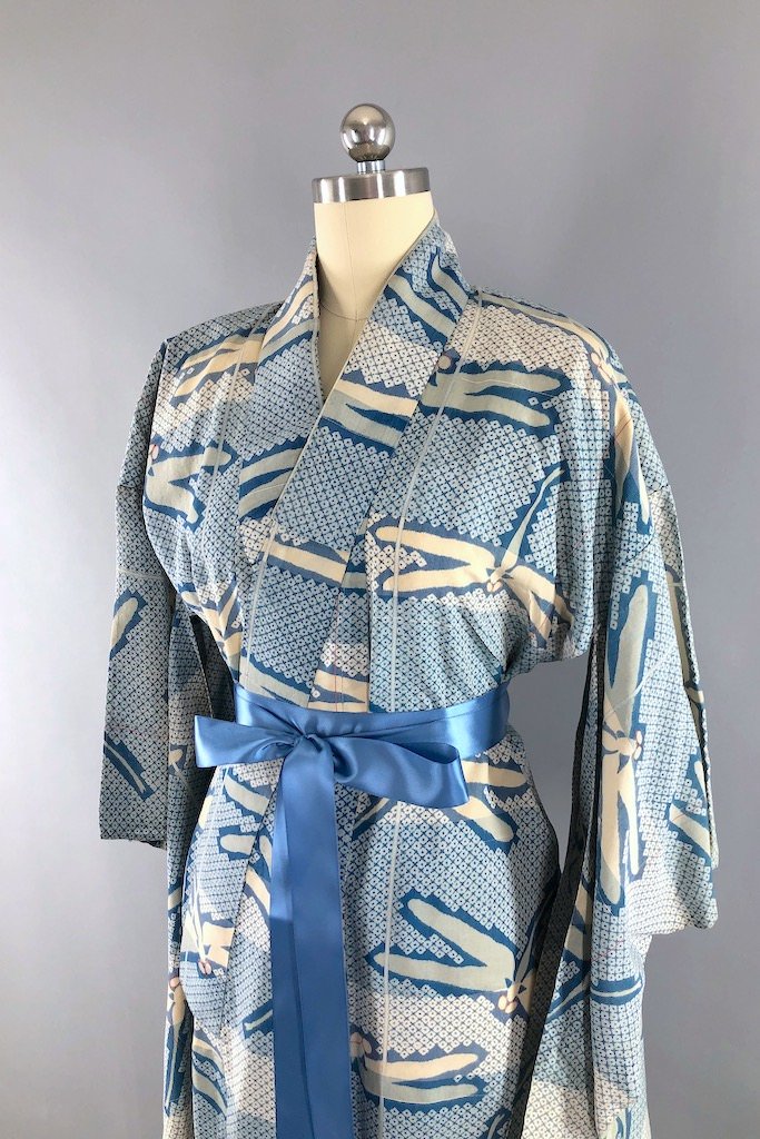 Vintage Blue Dragonflies Raw Silk Kimono Robe-ThisBlueBird - Modern Vintage