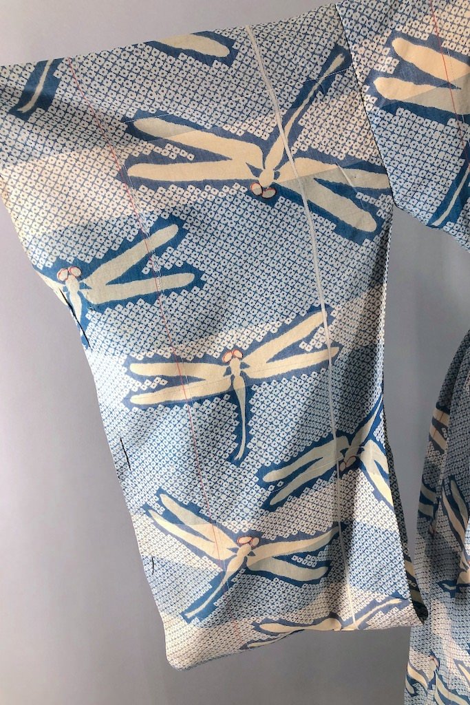 Vintage Blue Dragonflies Raw Silk Kimono Robe-ThisBlueBird - Modern Vintage