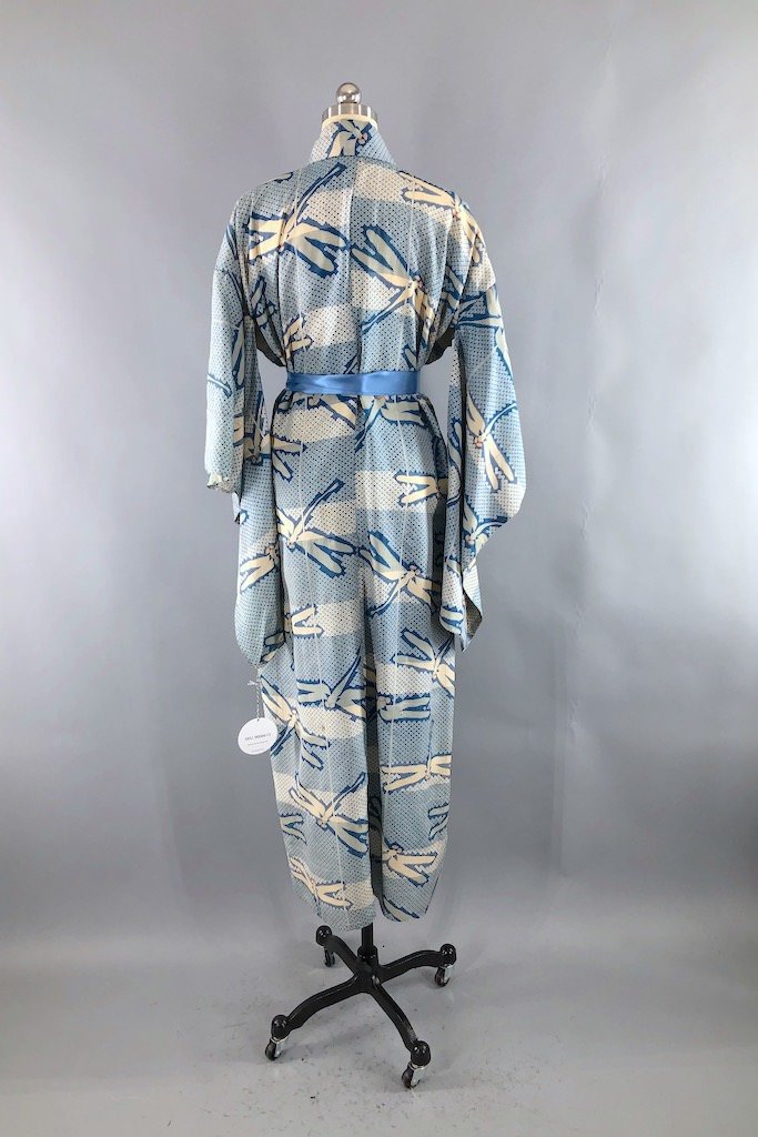 Vintage Blue Dragonflies Raw Silk Kimono Robe-ThisBlueBird - Modern Vintage