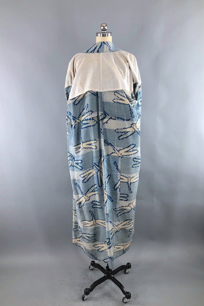 Vintage Blue Dragonflies Raw Silk Kimono Robe-ThisBlueBird - Modern Vintage