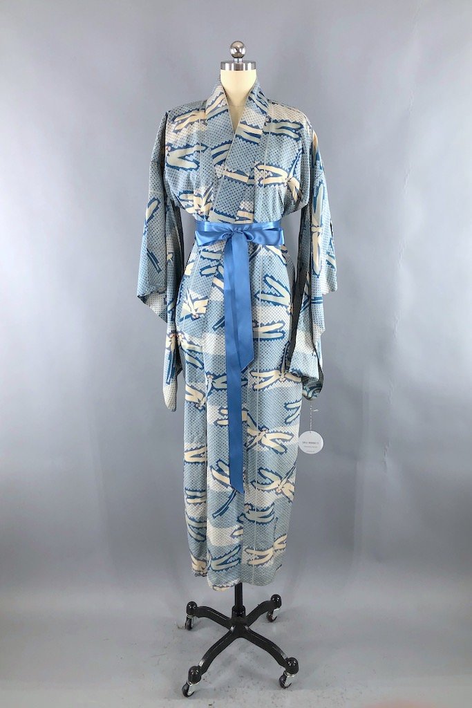 Vintage Blue Dragonflies Raw Silk Kimono Robe-ThisBlueBird - Modern Vintage