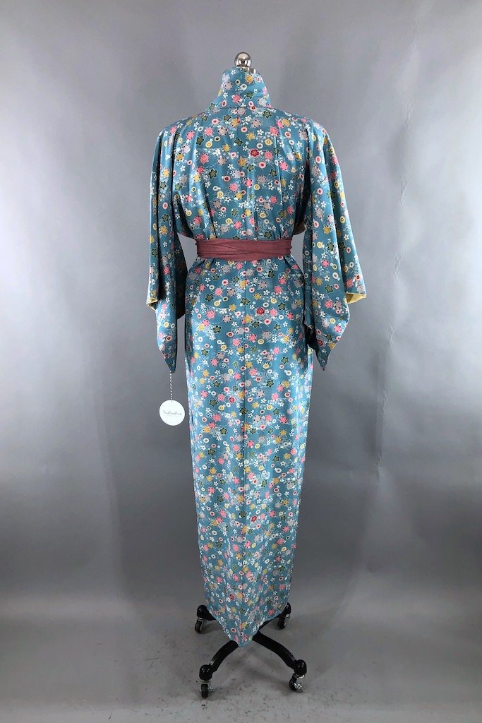 Vintage Blue Floral Silk Kimono Robe-ThisBlueBird - Modern Vintage