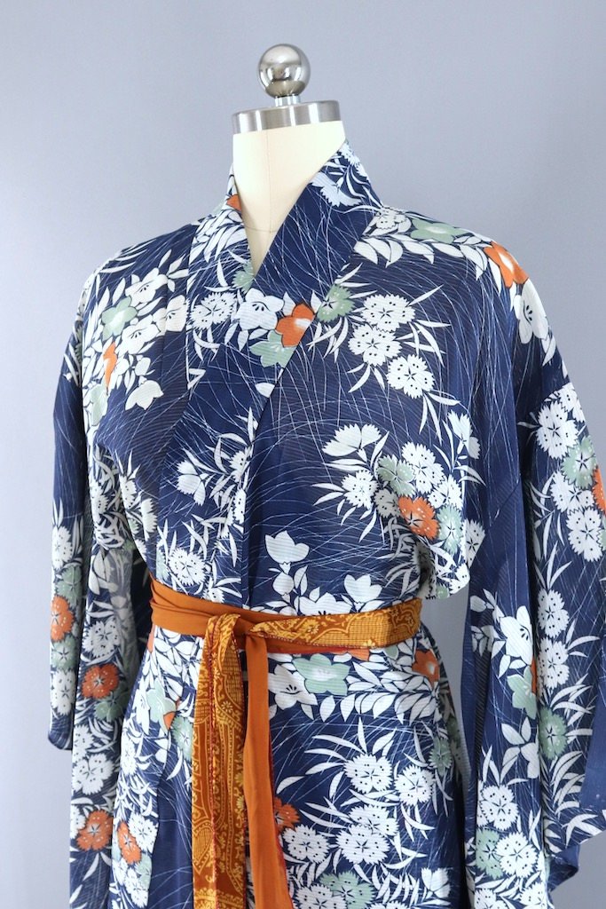 Vintage Blue Floral Summer Kimono Robe-ThisBlueBird - Modern Vintage