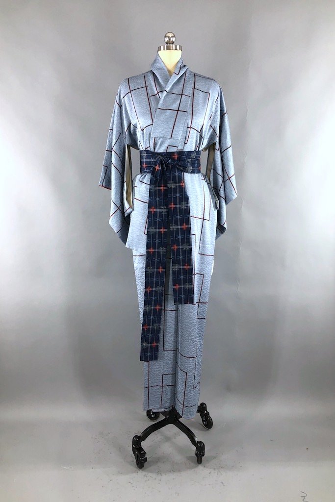 Vintage Blue Geometric Silk Kimono Robe-ThisBlueBird - Modern Vintage