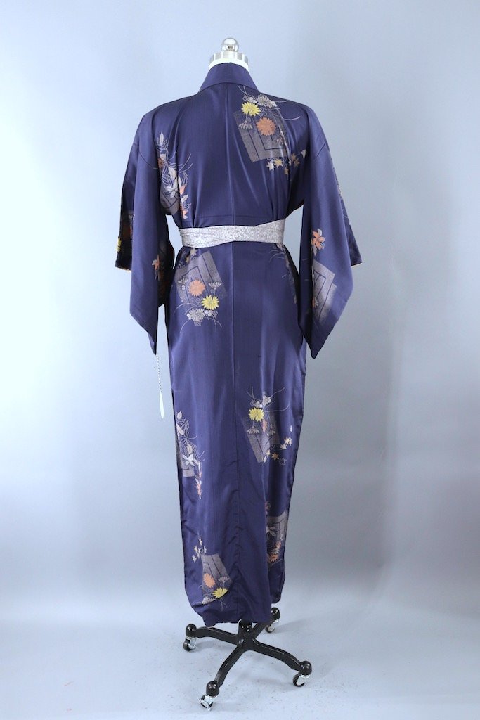 Vintage Blue & Gold Floral Silk Kimono Robe-ThisBlueBird
