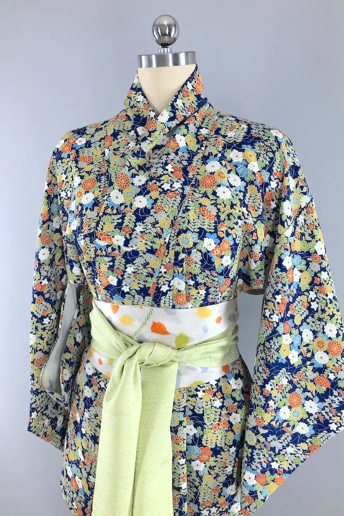 Vintage Blue Green Floral Kimono Robe-ThisBlueBird - Modern Vintage