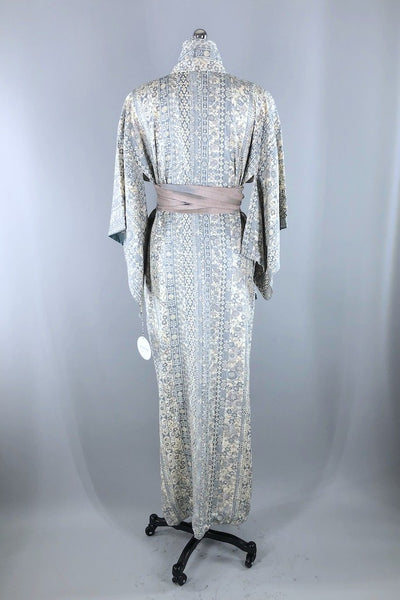 Vintage Blue Grey Floral Silk Kimono Robe-ThisBlueBird - Modern Vintage