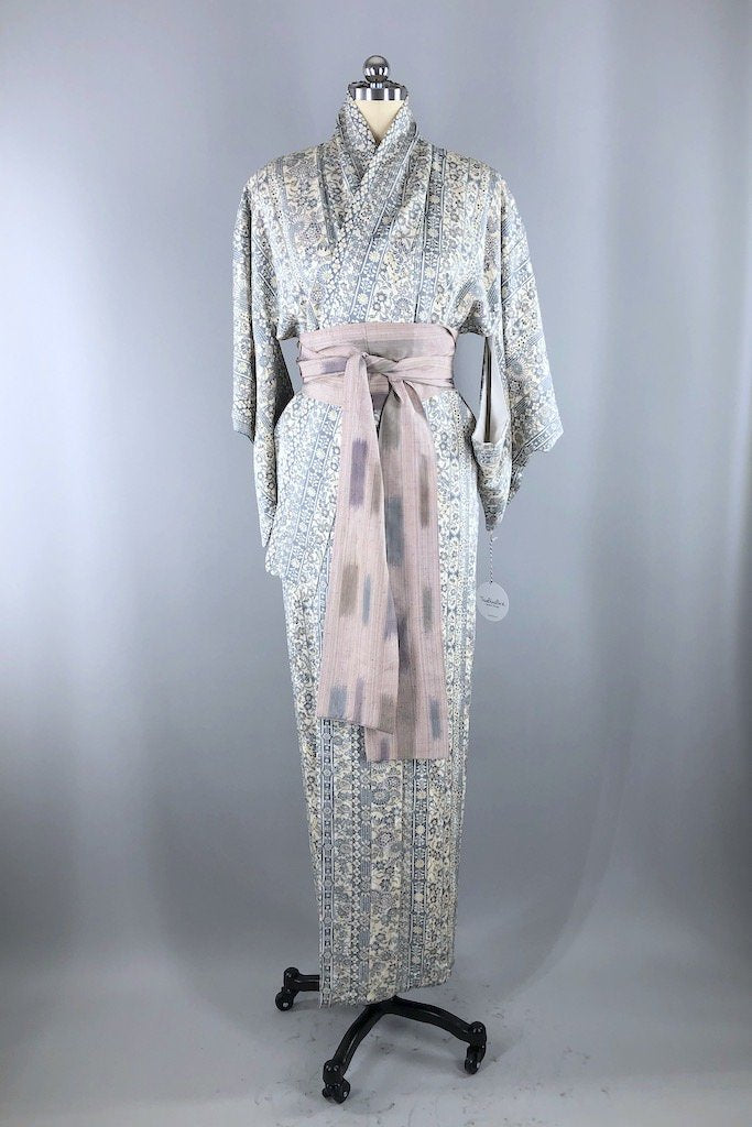 Vintage Blue Grey Floral Silk Kimono Robe-ThisBlueBird - Modern Vintage