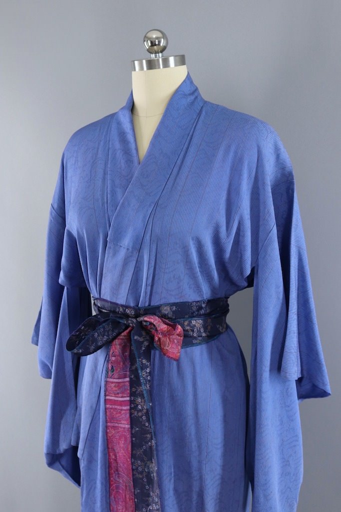 Vintage Blue Grey Striped Silk Kimono Robe-ThisBlueBird - Modern Vintage