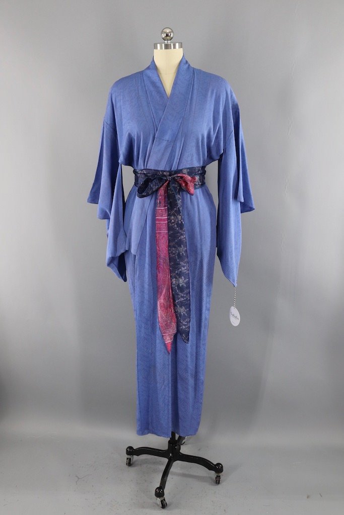 Vintage Blue Grey Striped Silk Kimono Robe-ThisBlueBird - Modern Vintage