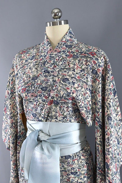 Vintage Blue & Ivory Batik Print Silk Kimono-ThisBlueBird - Modern Vintage