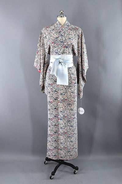 Vintage Blue & Ivory Batik Print Silk Kimono-ThisBlueBird - Modern Vintage