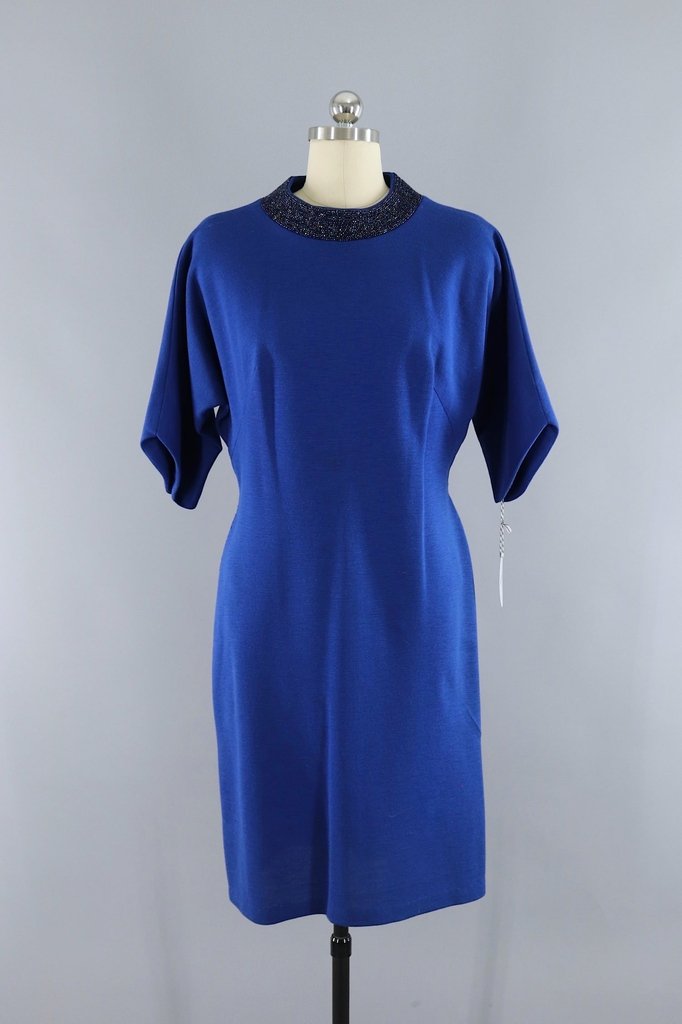 Vintage Blue Knit Dress with Beaded Collar - ThisBlueBird
