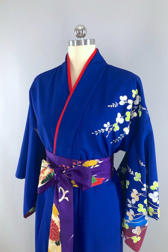 Vintage Blue Leaf Silk Kimono Robe-ThisBlueBird - Modern Vintage