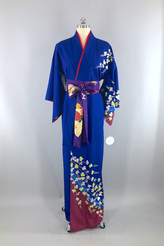 Vintage Blue Leaf Silk Kimono Robe-ThisBlueBird - Modern Vintage