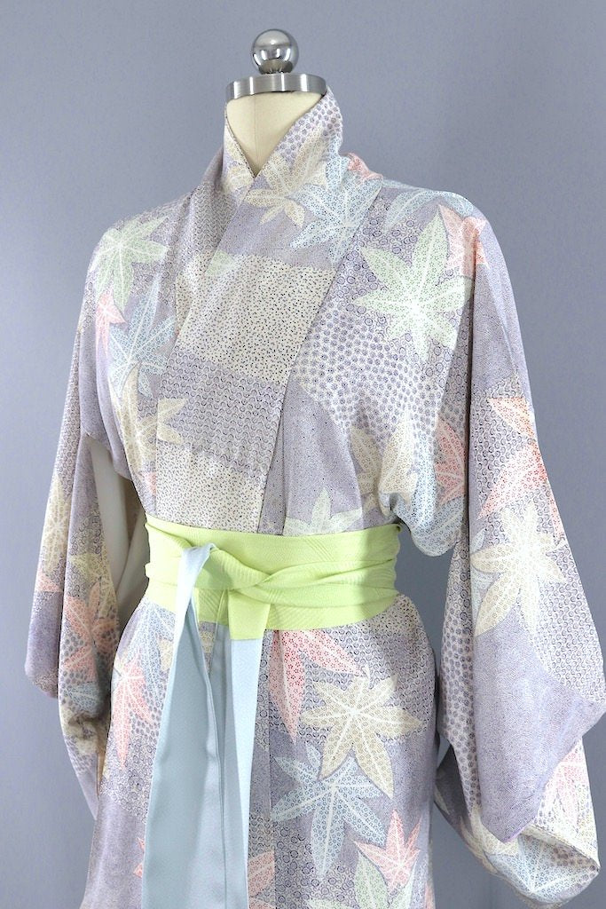 Vintage Blue Maple Leaf Silk Kimono Robe-ThisBlueBird - Modern Vintage