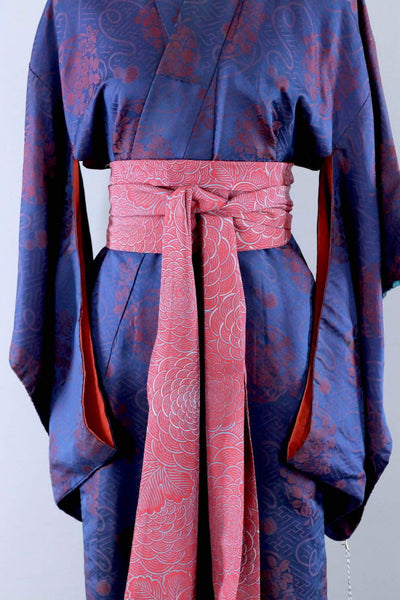 Vintage Blue Maroon Floral Silk Kimono Robe - ThisBlueBird