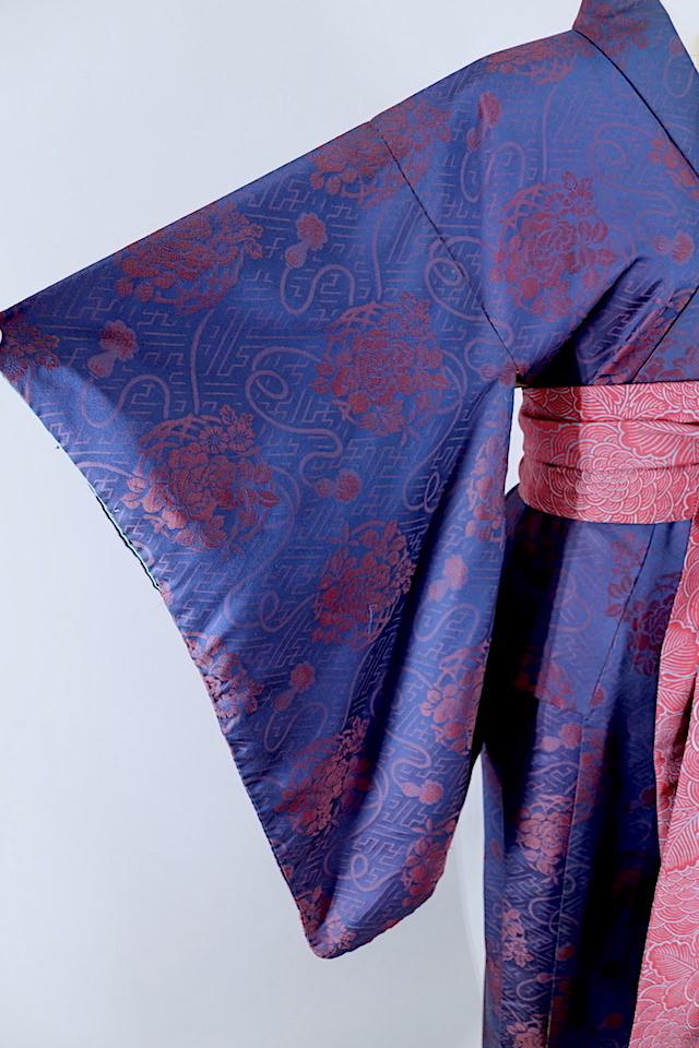 Vintage Blue Maroon Floral Silk Kimono Robe - ThisBlueBird