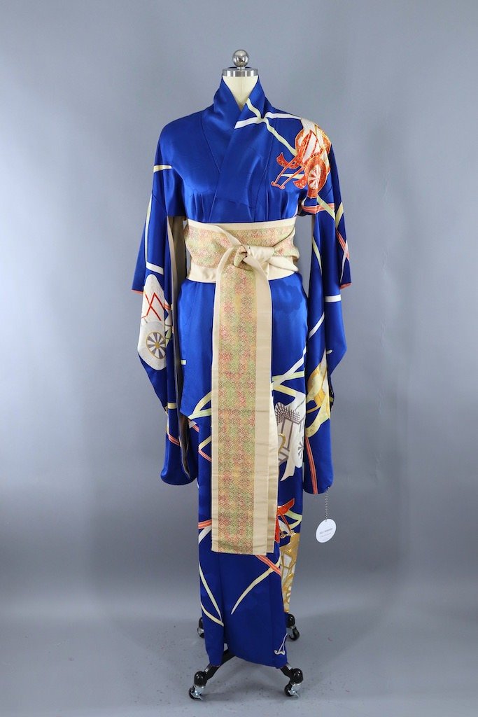 Vintage Blue & Orange Silk Kimono Robe-ThisBlueBird - Modern Vintage