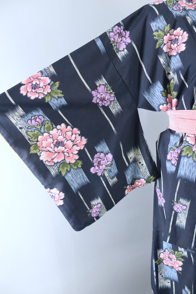 Vintage Blue Peony Floral Print Kimono Robe-ThisBlueBird