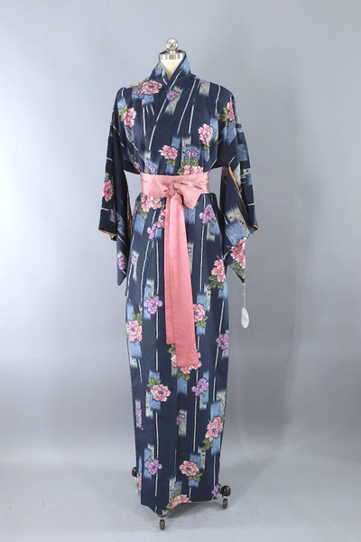 Vintage Blue Peony Floral Print Kimono Robe-ThisBlueBird