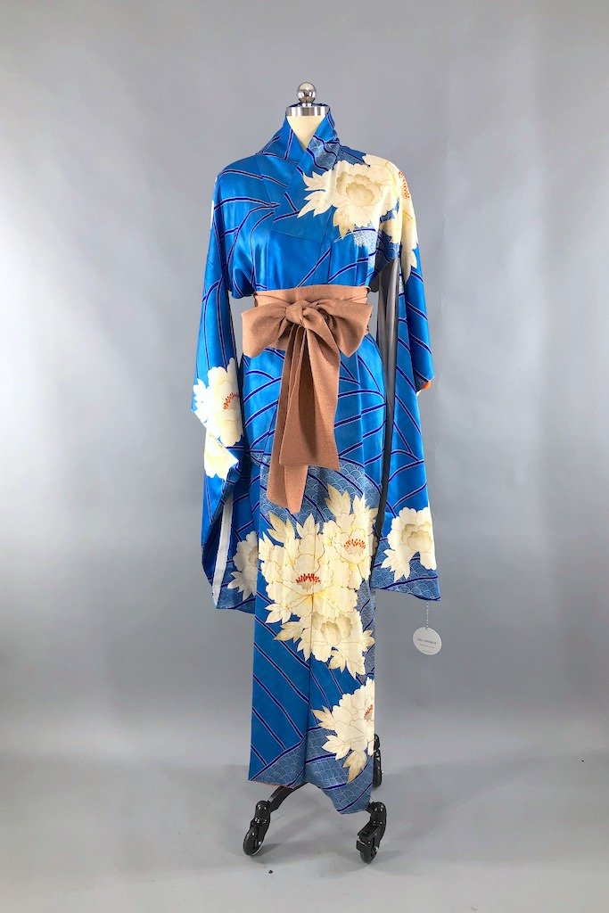 Vintage Blue Peony Silk Kimono Robe ThisBlueBird