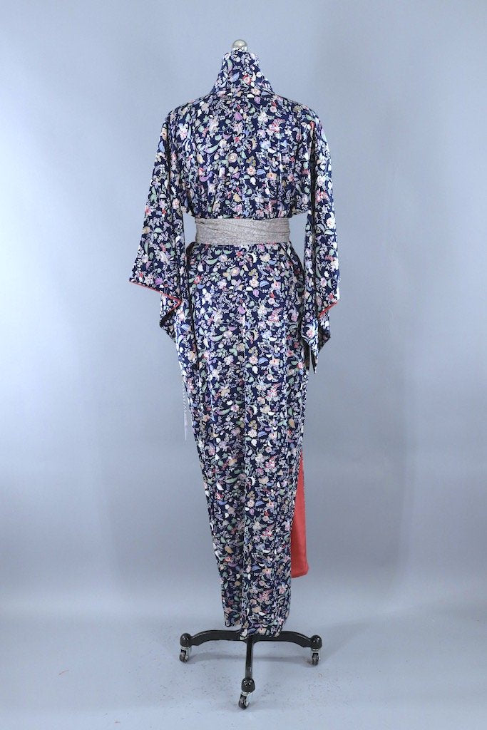 Vintage Blue & Purple Floral Print Silk Kimono Robe-ThisBlueBird - Modern Vintage