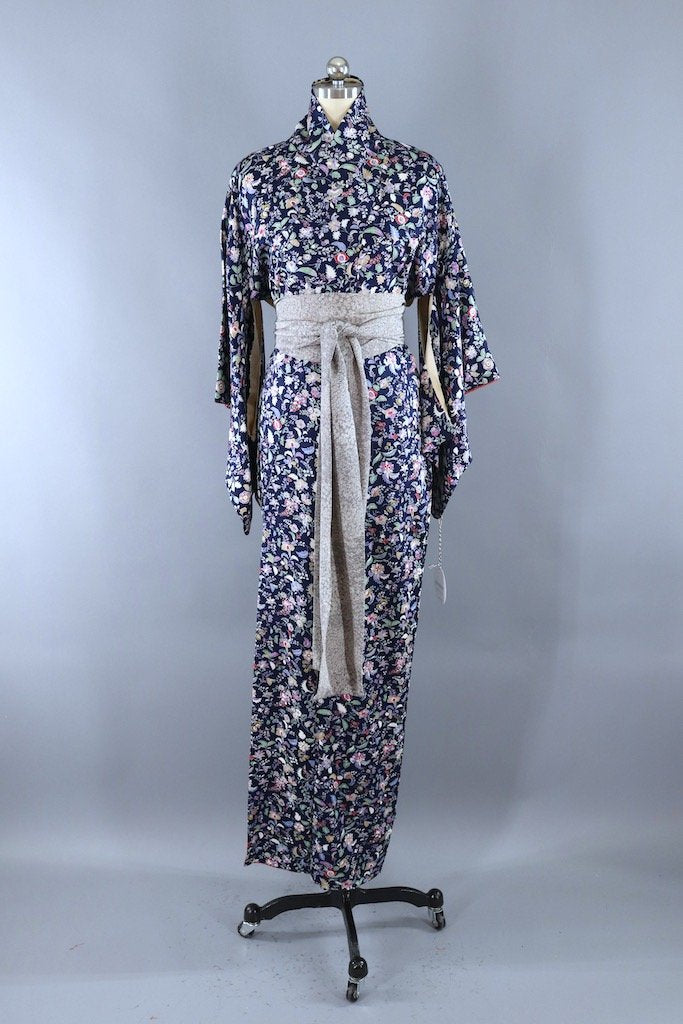 Vintage Blue & Purple Floral Print Silk Kimono Robe-ThisBlueBird - Modern Vintage