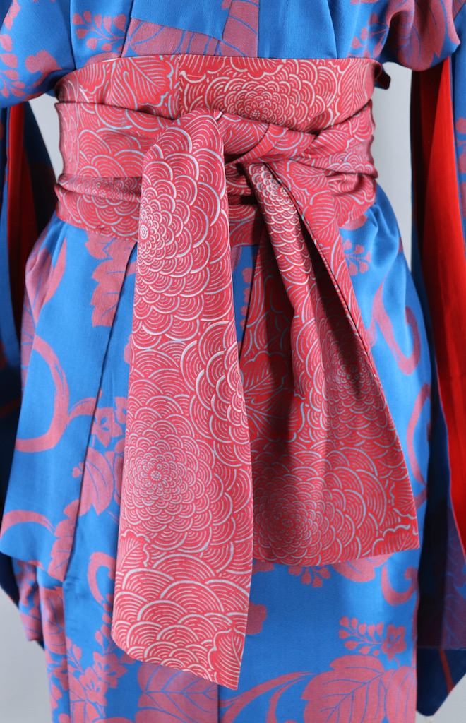 Vintage Blue & Red Floral Silk Kimono Robe-ThisBlueBird - Modern Vintage