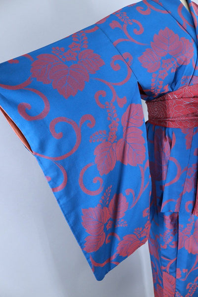 Vintage Blue & Red Floral Silk Kimono Robe-ThisBlueBird - Modern Vintage