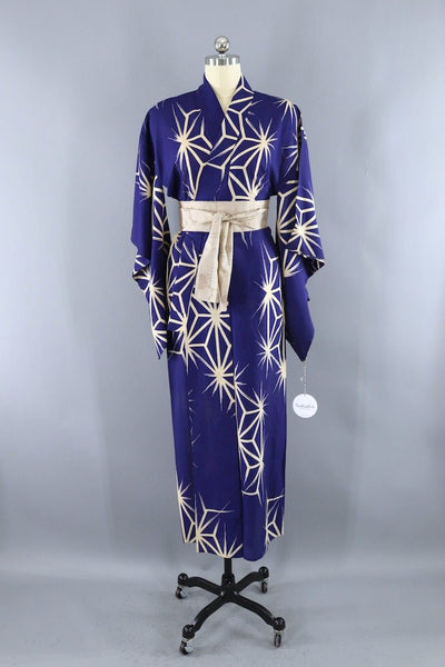Vintage Blue Stars Summer Silk Kimono Robe-ThisBlueBird - Modern Vintage