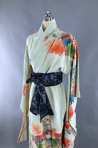 Vintage Blue & Terra Cotta Floral Silk Kimono Robe-ThisBlueBird