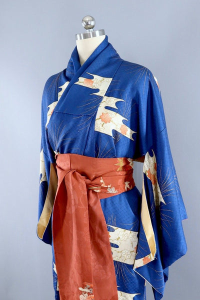 Vintage Blue Terra Cotta Silk Kimono Robe-ThisBlueBird - Modern Vintage