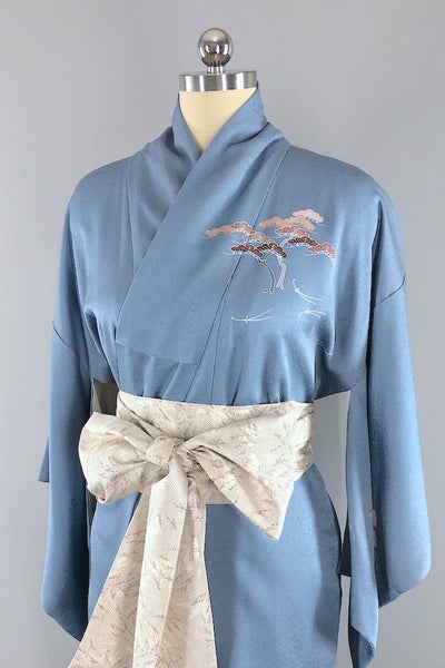 Vintage Blue Trees Silk Kimono Robe-ThisBlueBird - Modern Vintage