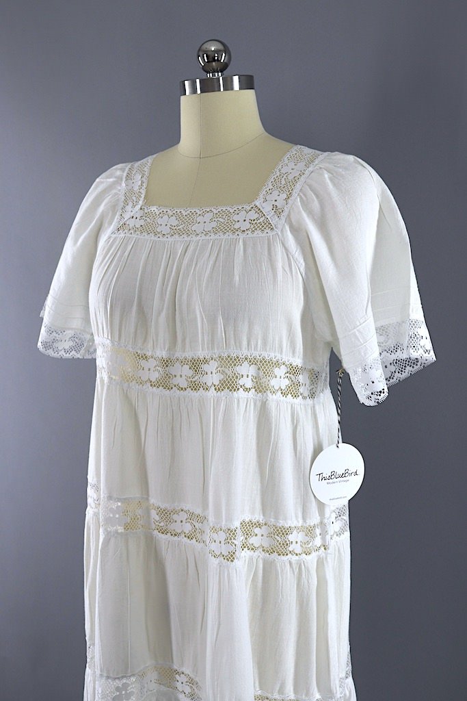 Vintage Bohemian White Lace Cotton Dress-ThisBlueBird - Modern Vintage