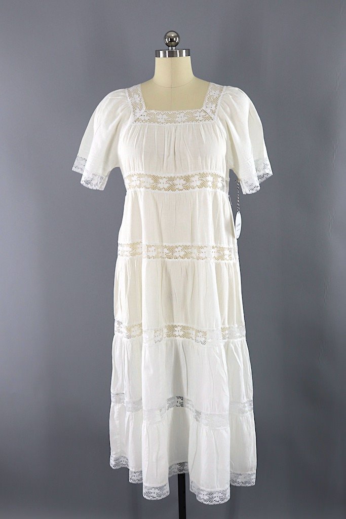 Vintage Bohemian White Lace Cotton Dress-ThisBlueBird - Modern Vintage