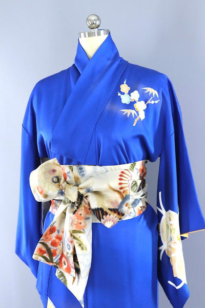 Vintage Bright Blue Floral Silk Kimono Robe-ThisBlueBird - Modern Vintage